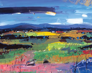 Painting of the beach by the sea loch, Loch Carron on the west coast of Scotland. By Artist Hamish MacDonald