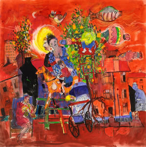 Abstract painting from 1968 entitled 'Day Dream'. Features a street scene with a pram, some fish, and a lady. By Artist Hamish MacDonald