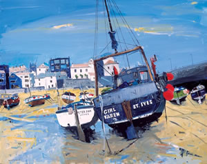 Painting of St Ives Harbour in Cornwall of Fishing Boats at Low Tide. Girl Karen is visible in the foreground.