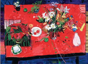 A painting of a red tabletop, laden with various flowers including Poinsettias
