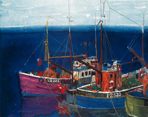 Painting of a harbour showing three fishing boats docked. Scottish Artist Hamish MacDonald